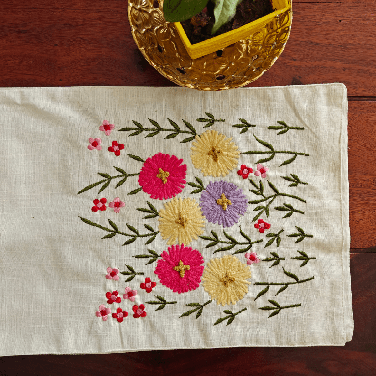 Flora Embroidered Table Runner – 72" x 12" - Coral Slub -